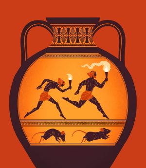 Depicted on a pot inspired by the ancient Greek origins of the Olympics, two torch-wielding athletes and their coinciding mouse models.