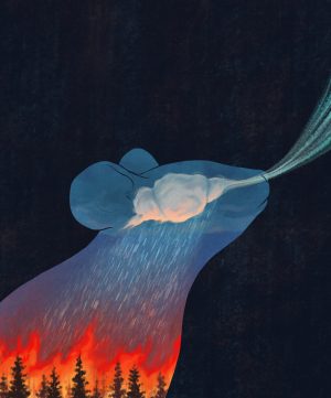 A mouse breathes in air to form a brain-shaped cloud, which pours rain down onto a wildfire that represents the hot emotions of anxiety and panic.