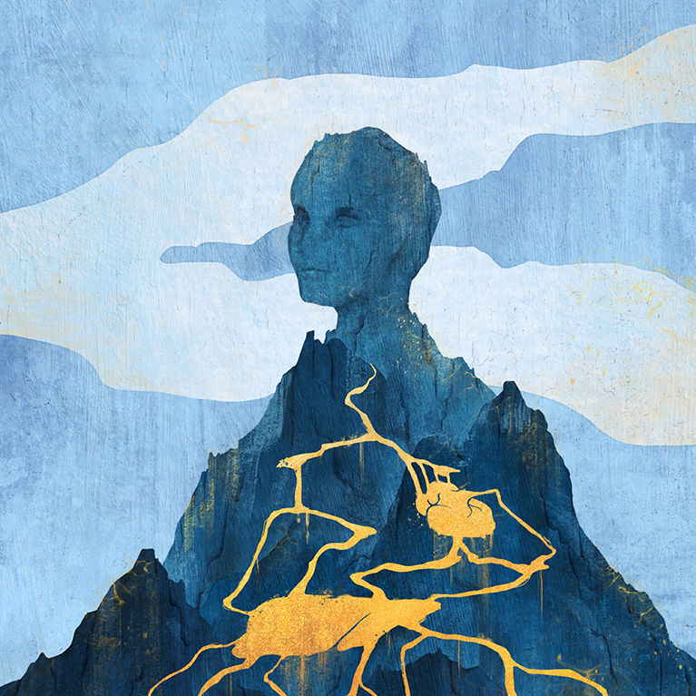 Compound lipid fluxes are depicted as rivers and waterfalls flowing down a human-shaped mountain, leading to distinct pools including liver- and heart-shaped lakes. Different fatty acids flow down the mountain at their own pace and thus drive distinct chronic or acute pathologies.