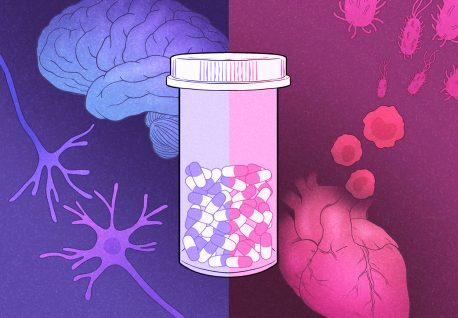 In the foreground, a pill bottle of fluoxetine (Prozac) is divided into purple and pink sides to represent the different uses for the drug. On the purple left side, a brain and neuron network represent the drug's neurological effects and original use as an antidepressant. On the pink right side, a heart, immune cells, and bacteria represent the drug's immunological effects and protective nature against infection.