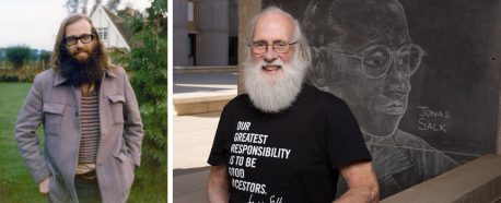 Left: Tony Hunter shortly before moving from England back to the US in 1975. Right: Hunter at the Salk Institute in 2025, wearing a T-shirt with Jonas Salk’s famous quote “Our greatest responsibility is to be good ancestors.”